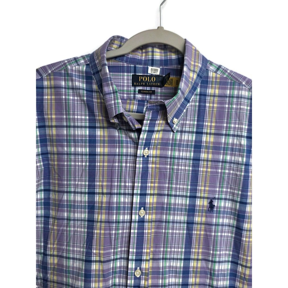 Polo Ralph Lauren Mens XL Classic Fit Plaid Stretch Poplin Shirt Purple Blue